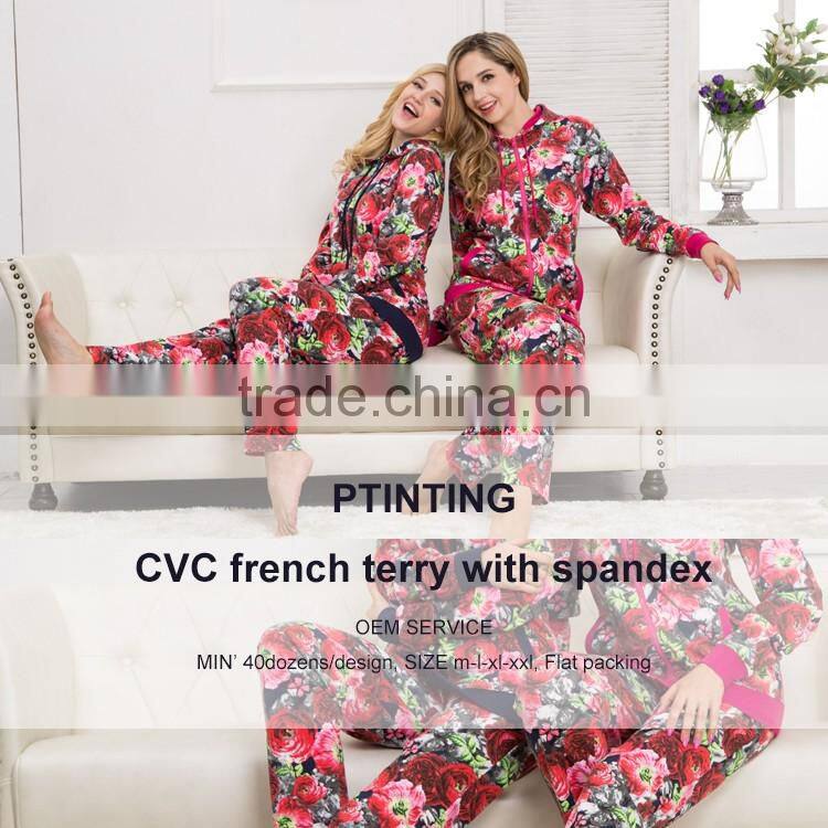 Custom made plus size women pajamas with hood flower printing winter design homewear pajama