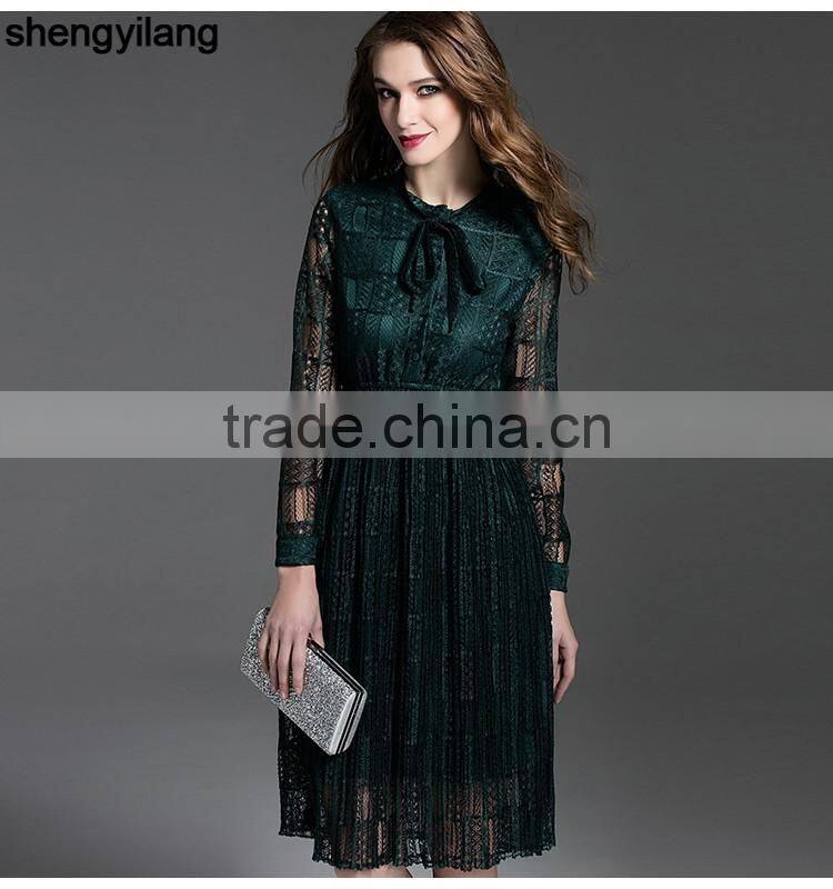 Ladies maroon dark green hollowed lace 100% polyester dress