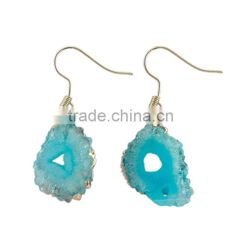 Gold Plated Raw Crystal Amethyst Cluster Natural Stone Drop Earrings