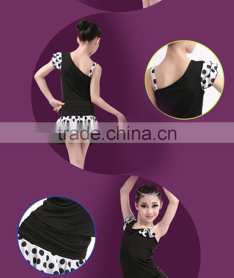 Children Polka Dot Salsa Samba Tango Ballroom Latin Skirts Suit Girls Kids Unequal Dew Shoulder Latin Dance Dress