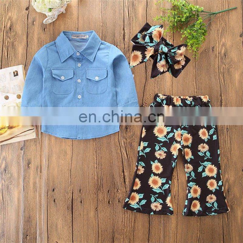 Baby Floral outfits girls headband + top + chrysanthemum print Bell-bottoms pants 3pcs/set Autumn suit Boutique
