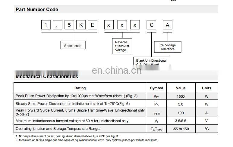 High quality TVS Transient Voltage Suppressors Diodes 1.5KE Series TVS