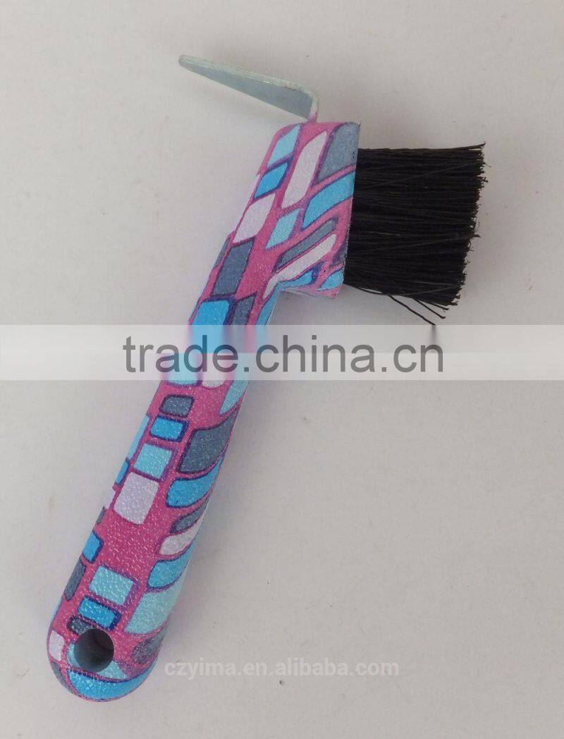 blue square patterned horse hoof pick with brush