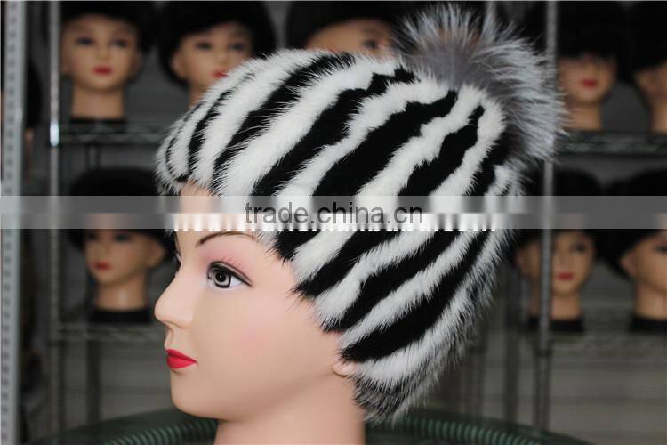 Women Beanies Real Stripe Knitted Mink Fur Caps With Top Silver Fox Fur Ball Hats