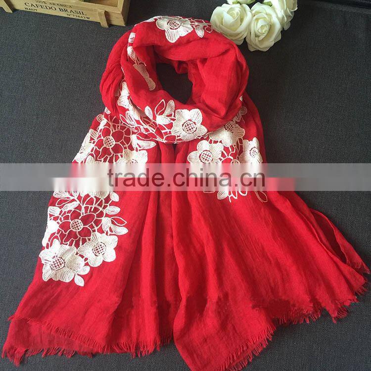 New Style Flower Embroidery Design Fashion Woman Cotton Viscose Scarf