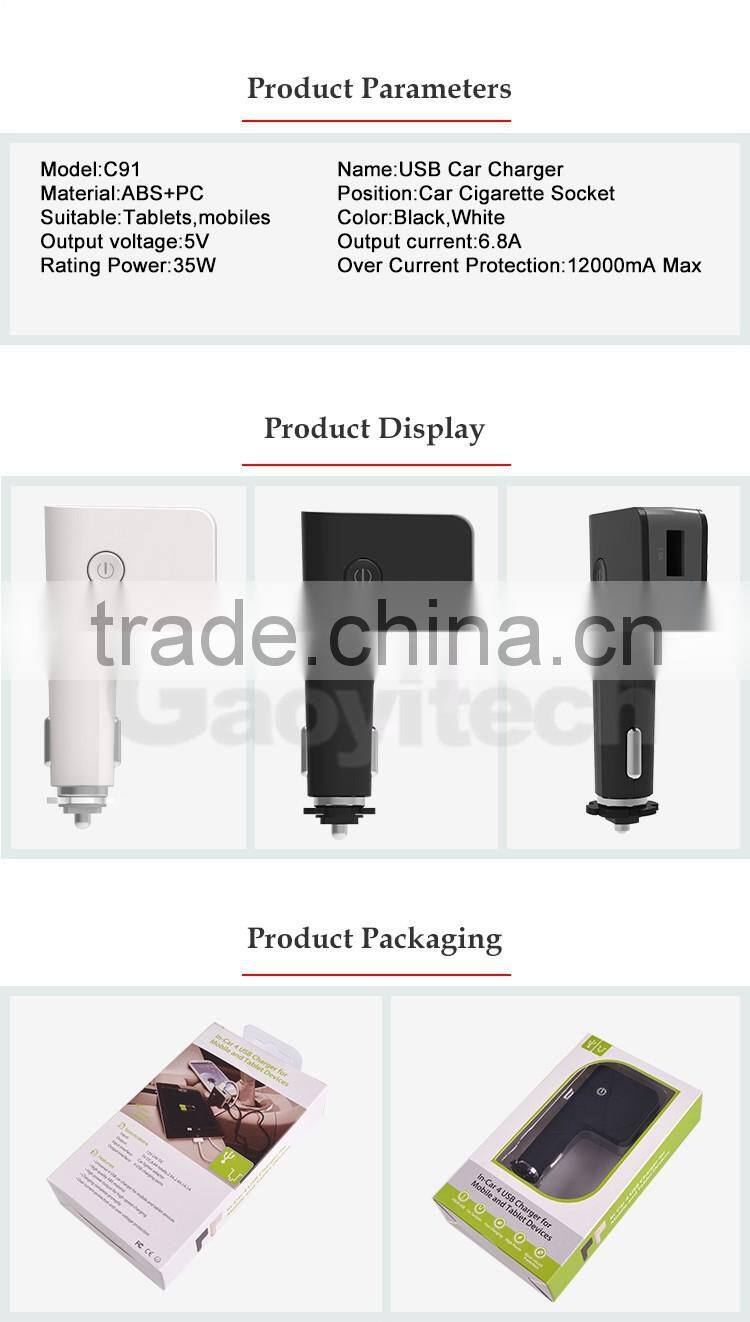 2016 universal 4 USB car charger for mobile and tablet devices car USB smart IC charger car cellphone accessories