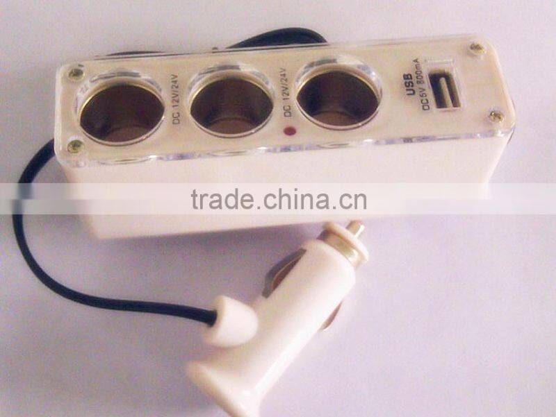 USB Cigarette Lighter Car Charger with three Socket Splitter