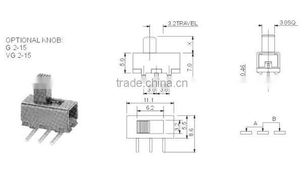 Miniature Slide Switch 2P3T about 0.5A 50V DC