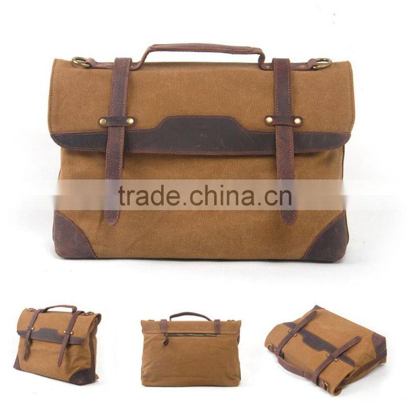 Durable Multi-purpose Waxed Canvas Vertical Men Leather Briefcase Bag Wholesale