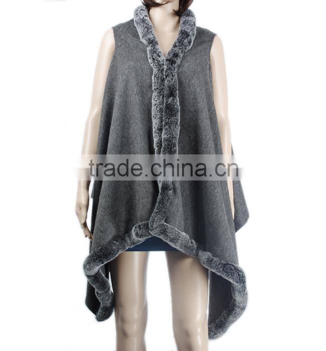 New Production cashmere cape with fur trim rabbit fur trim fur shawl KZ150097