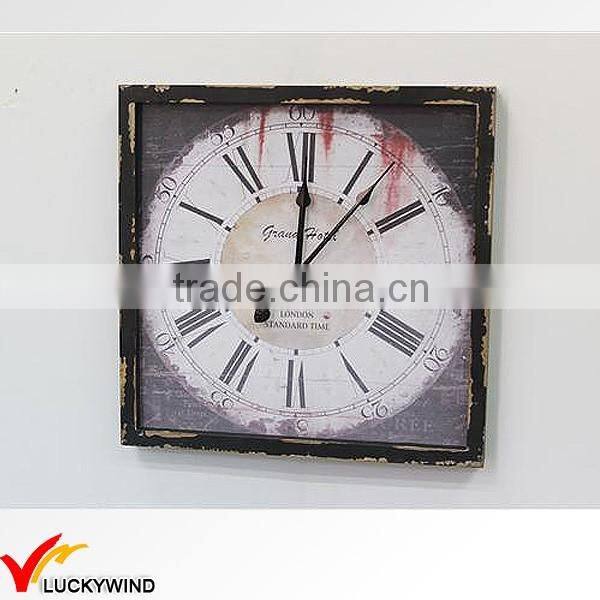 Square Black Distressed Wood Decorated Wall Clock