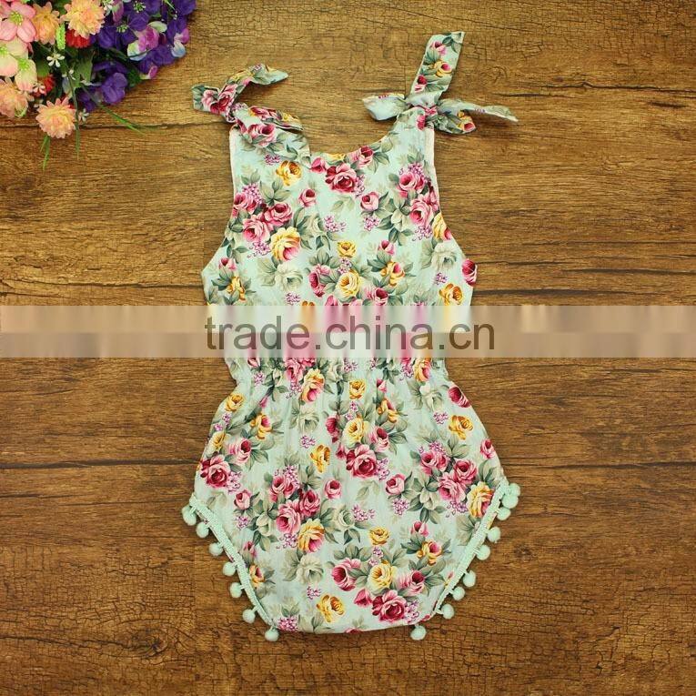 Wholesale kids jumpsuit baby girl pom pom rompers with rose flower baby romper clothes baby rose floral patterns