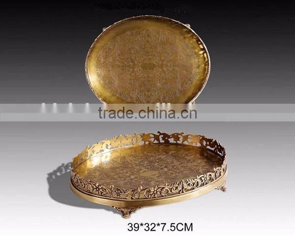 Retro Solid Brass Round Severing Tray, Hand Engraved Bronze Csating Tea Tray With Base, Home Decorative Tray