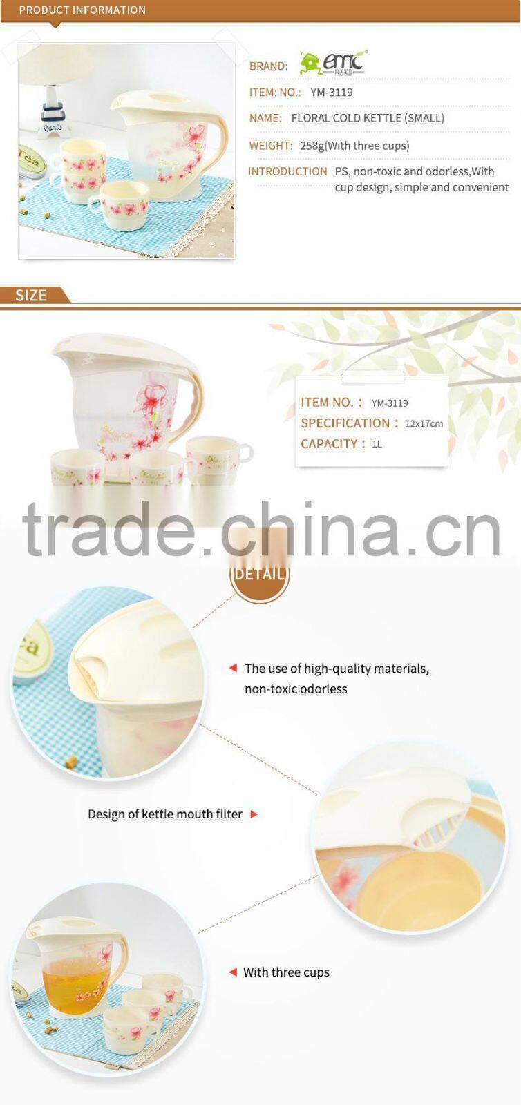 hot and cold water /juice/tea bottle with cups sets cold kettle plastic water bottle