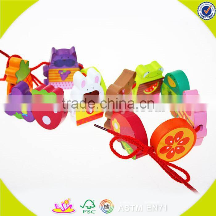 wholesale wooden happy threading toy for Kids, beautiful DIY wooden multitype blocks threading toy for children W11E041