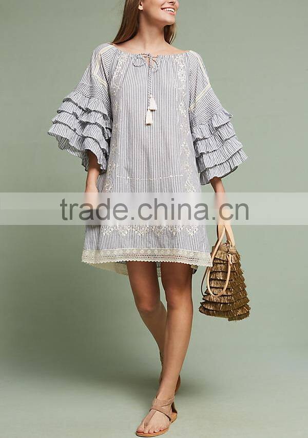 2017 Wome Clothing Dress Boho Ruffled Sleeves Embroidered Shift Names Of Girls Dress HSd5163