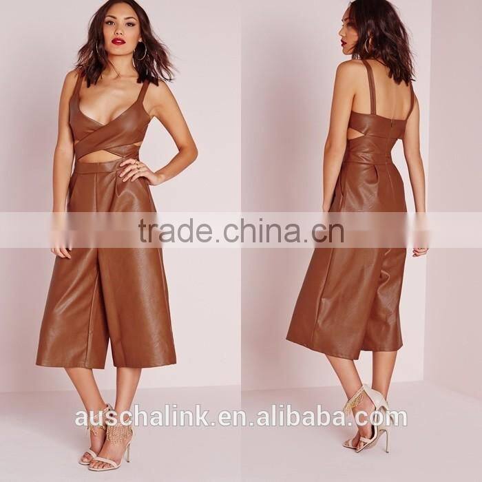 unique design lady sexy faux leather cut out culotte jumpsuit