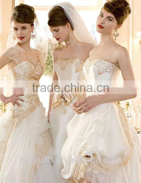 white champagne lace strapless ball gown cathedral/ royal train wedding dresses