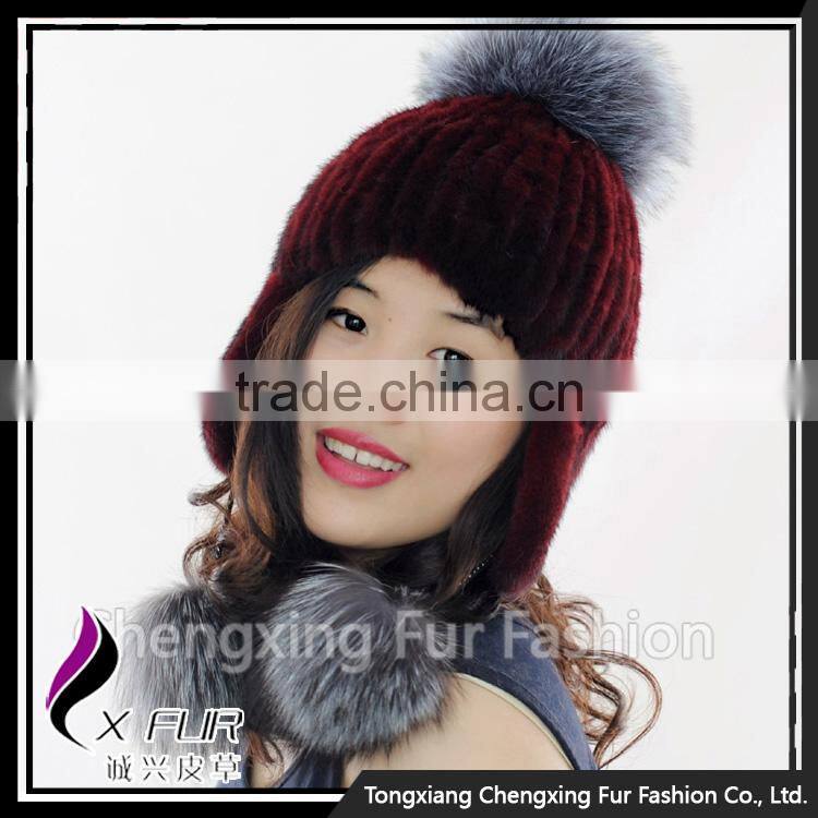 CX-C-42C Lovely Women Genuine Mink Fur Winter Hat Silver Fox Fur Ball