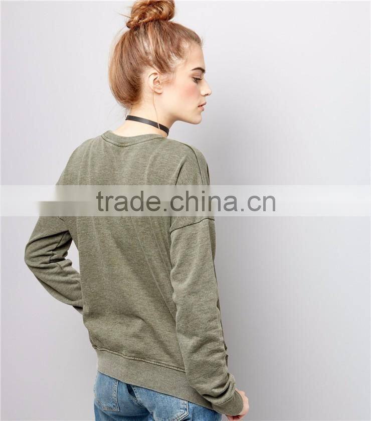 Plain Women Distressed Sweatshirt Olive Green Ripped Long Sleeve Sweater Oversized Blank Pullover