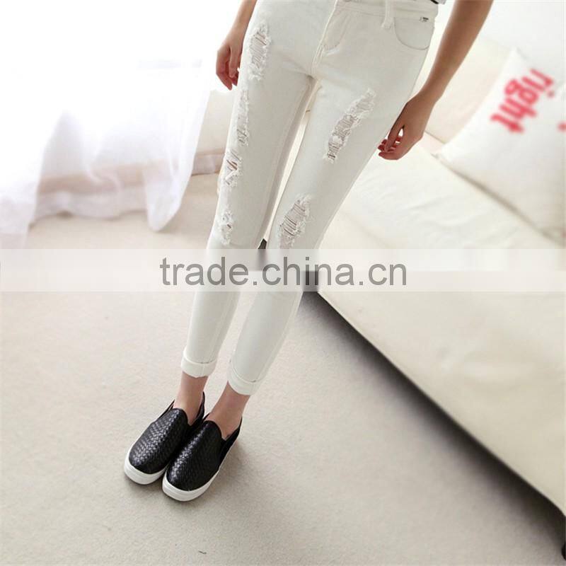 New Women's Fashion Straight Jeans Ripped Holes Female Long Term Mid Waist Cotton Washed Denim Pants