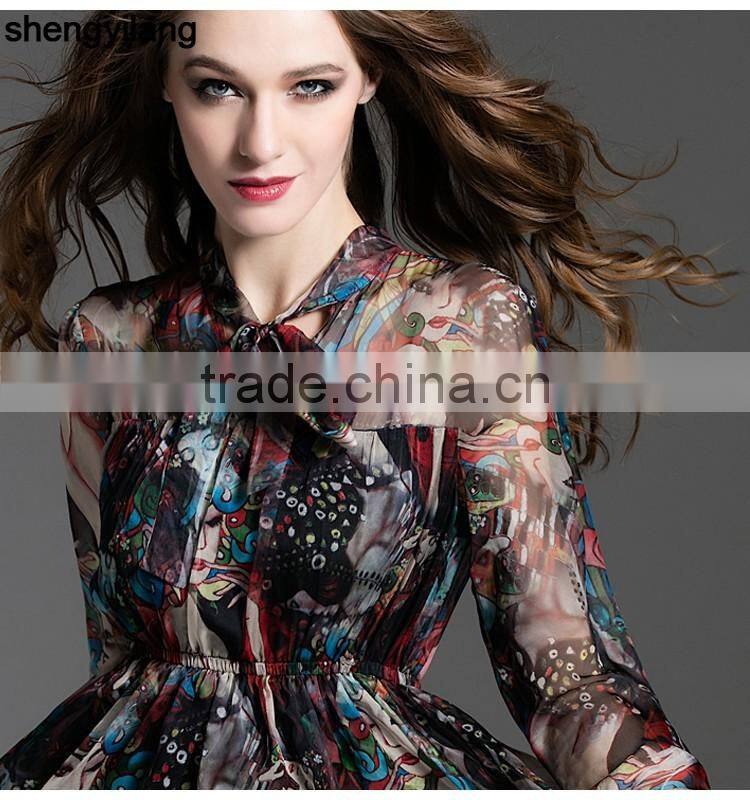 womens latest high quality printed chiffon traditional slim fitted dresses with bow