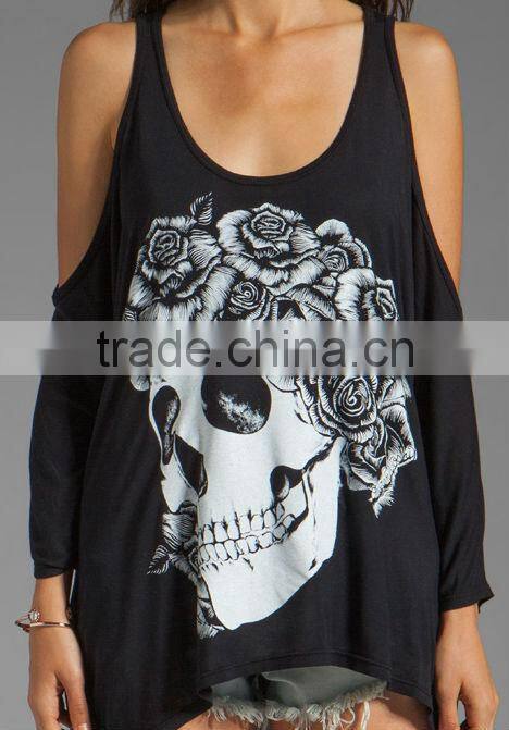 gel print open shoulder black top