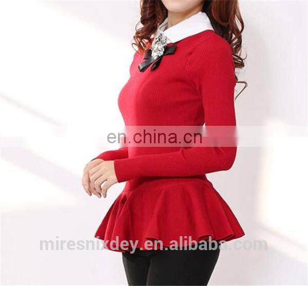 korean pullover peter pan collar woman sweater with wave edge