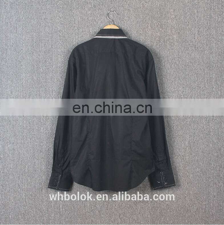 Customized Men's dark blue solid cotton shirt dress causal fitted mens shirt