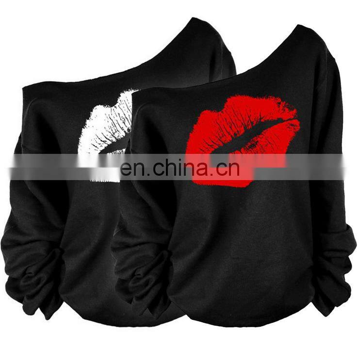 New Wholesale Women Lips Print Pullover One Shoulder Jumper Sweater Hoodie Sweatshirt Tops