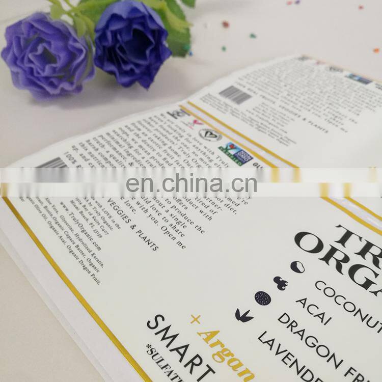 Cheap price organic food bottle labels sticker plastic sticker with gold stamping