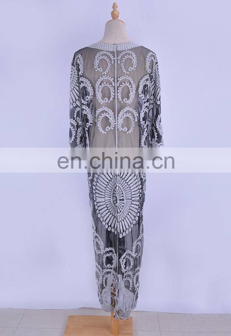 2019 New Sexy See Through Hollow Out Embroidered Long Kimono Cardigan Summer Beach Wear Women Tops and Blouse Chiffon Shirt