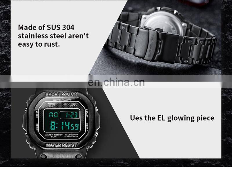SANDA 390 Men Business Calendar Digital Watches Stainless Steel Week Display Back Light Waterproof Wristwatch