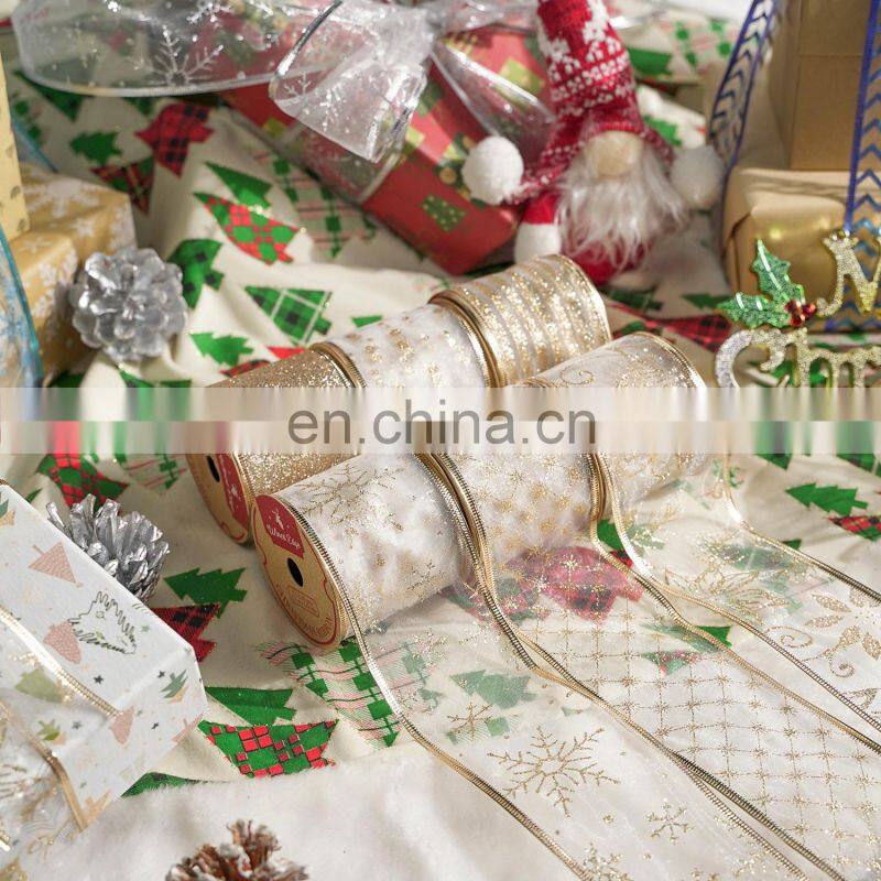 6 Yards/Roll 63mm Gold/Silver Wired Edge Glitter Organza Christmas Ribbon for Wedding Christmas Decoration Gift Packaging
