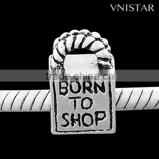Vnisatr antique silver plated handbag shaped european beads jewelry with born to shop stamped fit for bracelet pbd2391