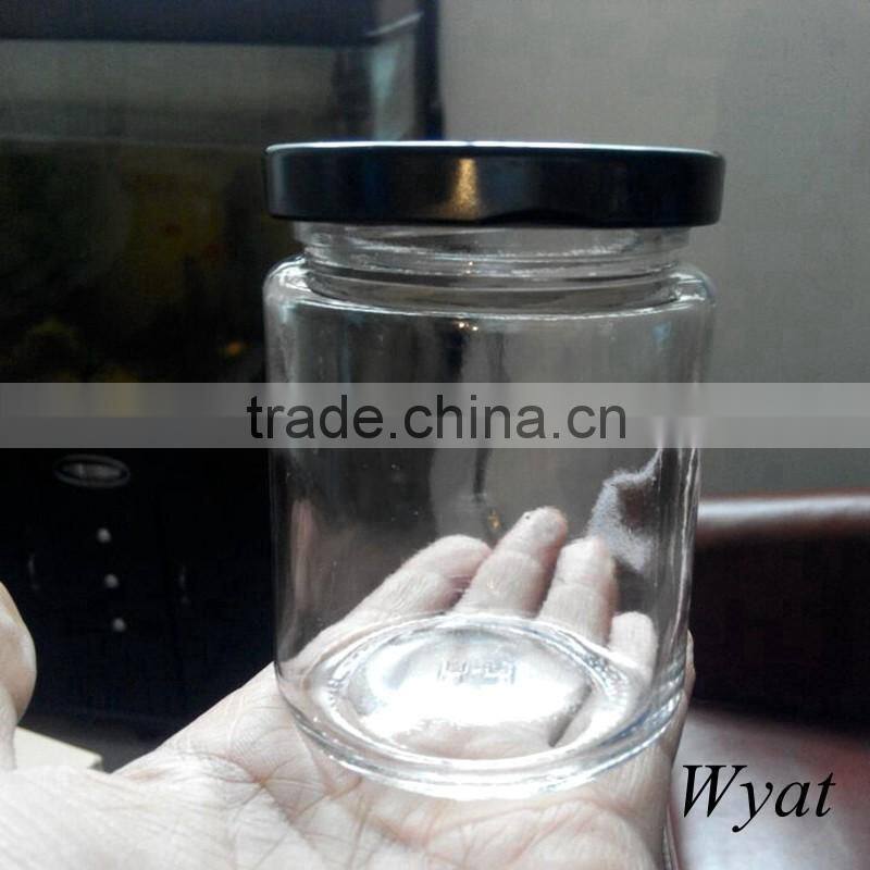 cheap 230ml round glass jam jars with high black lids