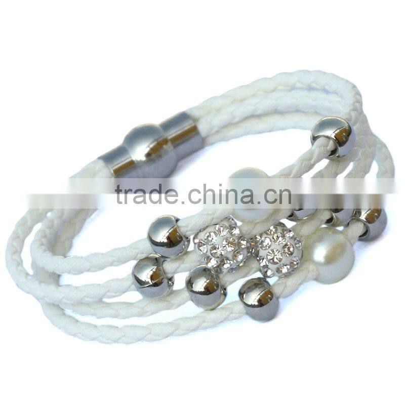 Lady PU Leather Cuff Wrap Wristband Magnetic Buckle Bracelet with Sliding Beads