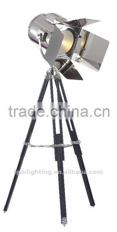 Black marine floor lamp with stainless steel shade and beech wood base