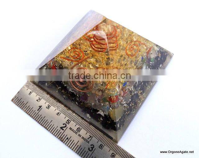 Orgone Mix Chakra Stone Crystal Black Tourmaline Pyramid With 4 SBB Coil Charged Crystal Point | Black Tourmaline Pyramid
