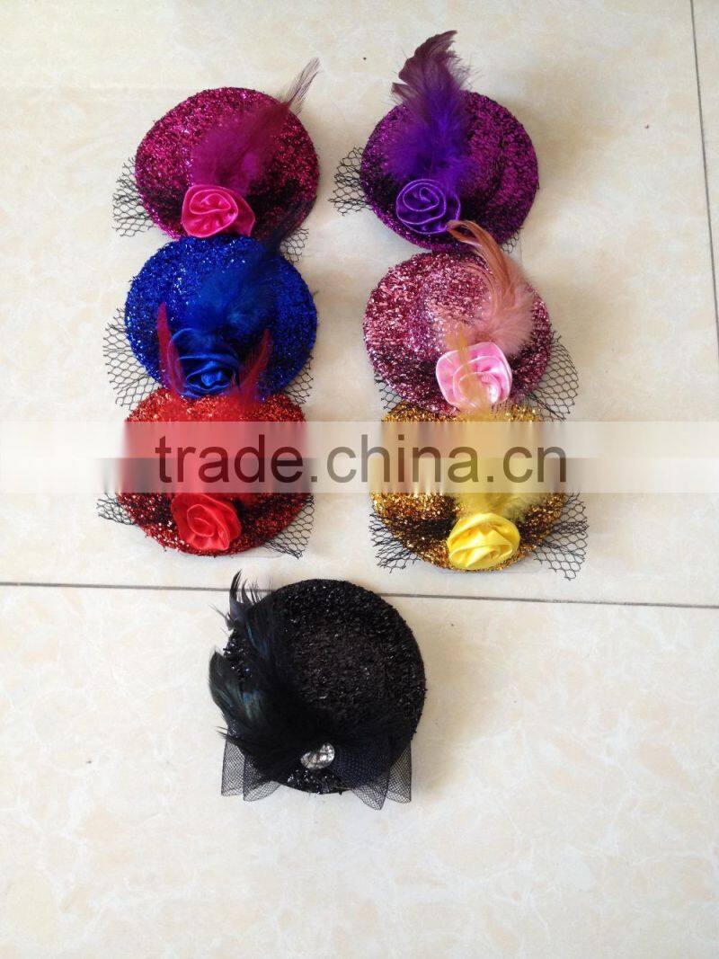 high quality colourful party feather mini top hat with black lace