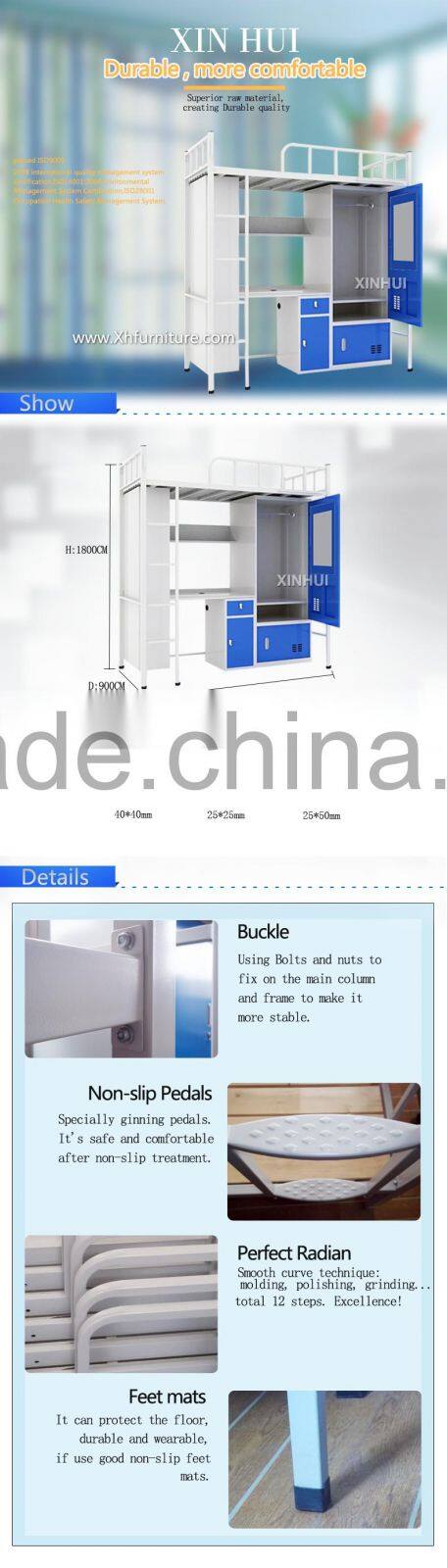 High Quality metal bunk bed with desk and wardrobe