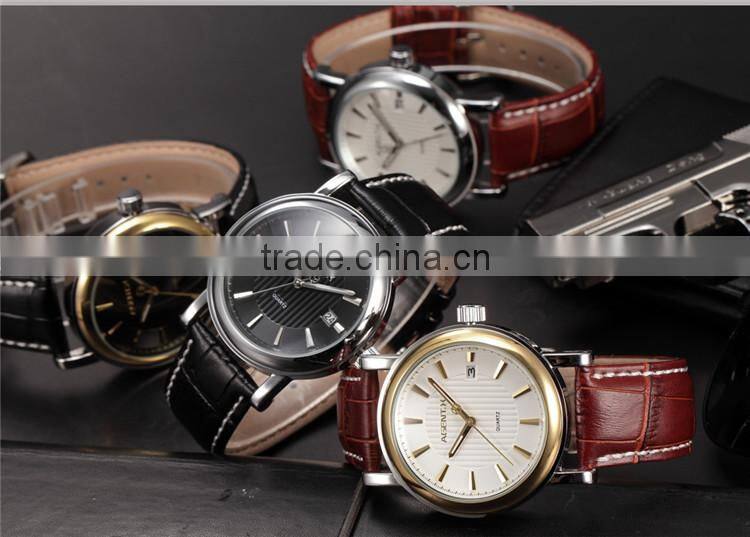 Golden Steel Case Black Dial Reloje Date Display Quartz Analog Leather Band Men Watch