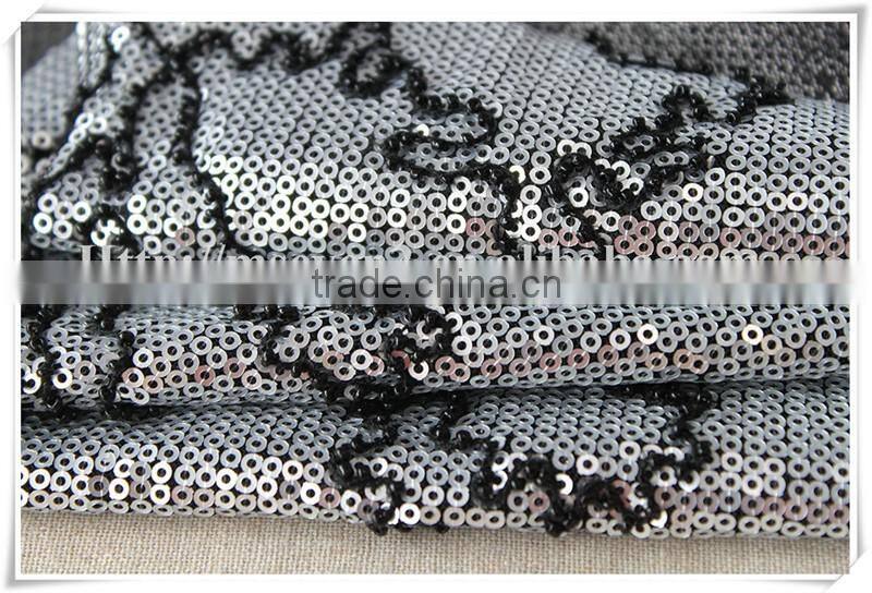 Wholesale newest silver sequin upholstery fabric with black beads for home textile