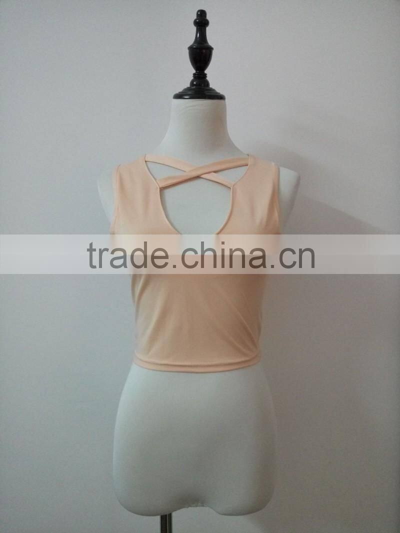 Bonvatt Sleeveless cross-three-color v-neck women's T-shirt