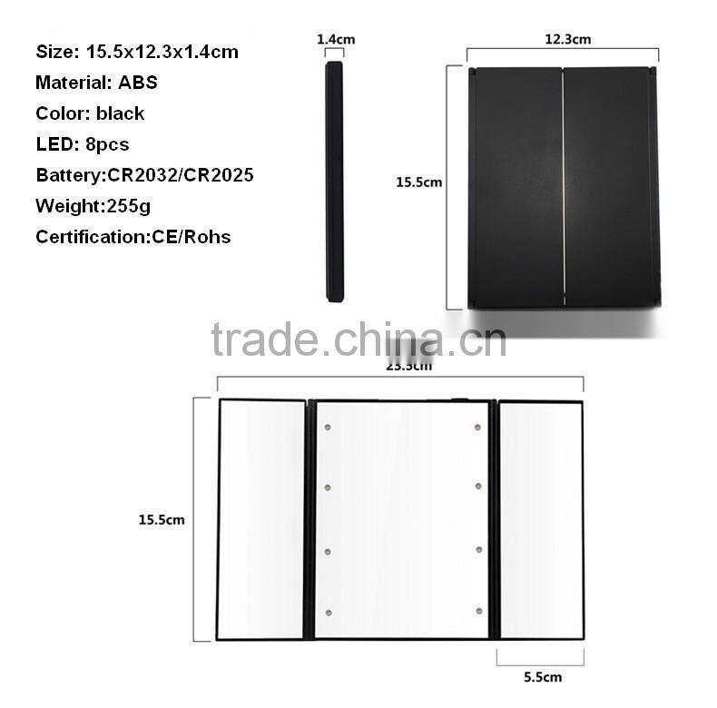 Travel Mirror, Tri-Fold Lighted Led Mirror / Lighted Travel Mirror