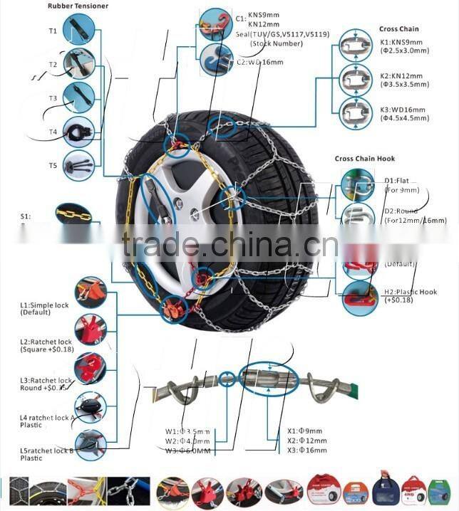 Factory CE Q235 galvanized tyre protection 9mm KNS snow chain for car
