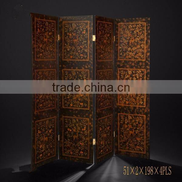 Antique Wood Carved Four Pane Folding Screen, Retro Furniture Traditional Hand Painted Screen, Decor Floor Screen With Crackle