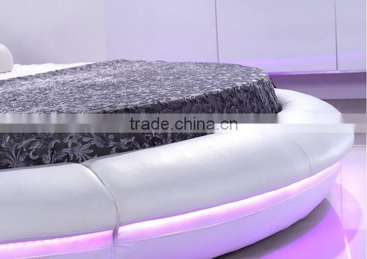 Bisini White Leather LED Round Bed, Luxury LED Round Bed