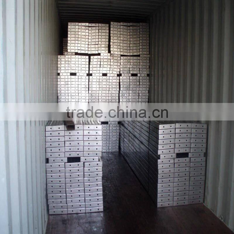 Galvanized metal walk board with hook for building scaffolding system