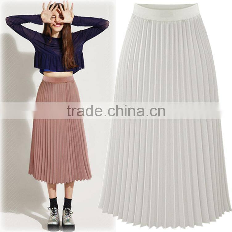 Women Double Layer Pleated Long Chiffon Maxi Elastic Skirt